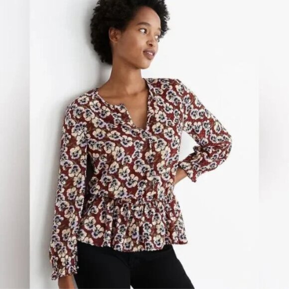 Madewell Pansy Print Blouse Viola Floral V-neck Wine Burgundy Size Medium - Picture 3 of 16
